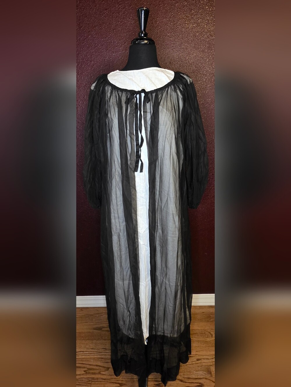 Vintage 60s/70s Sheer Black Long Robe with Tie Neck